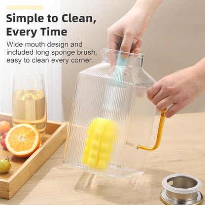 Kochorie 1 Pack 1 Gallon/128 oz Square Glass Pitcher with Lid & Cleaning Brush, Thickened Borosilicate Glass Carafe for Hot/Cold Drink, Extra Large Jug with Handle for Iced Tea, Juice, Lemonade
