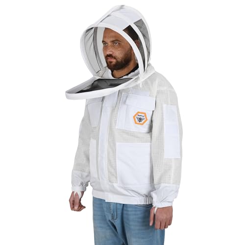 Beekeeping Jacket with Veil 3-Layer Ultra Ventilated 2 Veil Options (Fencing & Round) YKK Zippers Full Protection Suit Carrying Bag (BP-302-White)-S - color: White 2 Veils, size: S