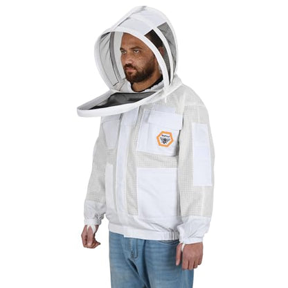 Beekeeping Jacket with Veil 3-Layer Ultra Ventilated 2 Veil Options (Fencing & Round) YKK Zippers Full Protection Suit Carrying Bag (BP-302-White)-5XL - color: White 2 Veils, size: 5XL