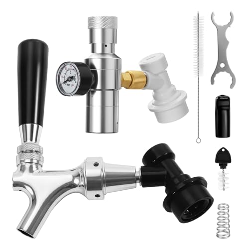 Ball Lock Keg Tap and Mini Co2 Regulator Set, Stainless Steel Self-Closing Ball Lock Beer Faucet & 0-60PSI Mini Beer Keg Charger Regulator Kit with Ball Lock Disconnect for Corny Keg Party