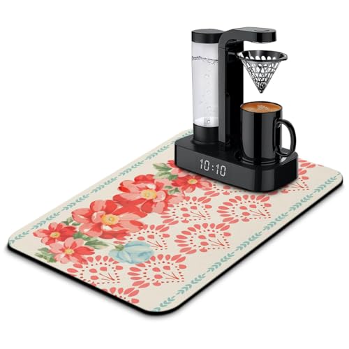 Washable Non-Slip Pioneer Flower Dish Drying Mats,Super Absorbent Quick Drying Mat For Kitchen Counter Home Large Coffee Bar Pad Accessories And Decor 23.5''x15.5'' (Boho Red Flower, 23.5*15.5) - color: Boho Red Flower, size: 23.5" x 23.5"