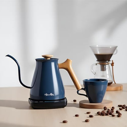 Harriet Gooseneck Electric Kettle - 1200W Fast Heat, 0.8L Stainless Steel, Precision Temp Control & Timer, Wood Handle, Pour Over Coffee and Tea, Blue - color: Blue