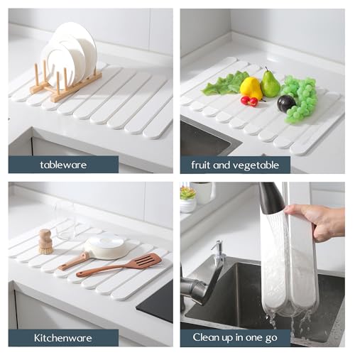 24"×16" White Stone Dish Drying Mats for Kitchen Counter, Large Quick Dry Collapsible Eco-Friendly Super Absorbent Diatomaceous Earth Heat-resistant Mat for Dishes Bottles Cups, Match Any Countertop