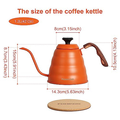Gooseneck Kettle with Thermometer for Pour Over Coffee & Tea, 42 fl oz, Premium Stainless Steel, Accurate Temperature Control, Ideal Spout for Precision Pouring, Compatible with Stovetops - color: Orange