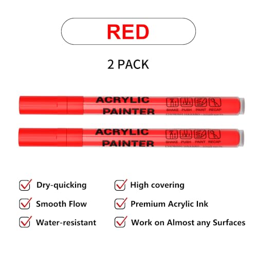 Acrylic Paint Pens Waterproof Markers 2 Red Permanent Marker Pens Acrylic Pens for Rock Painting Glass Stone Ceramic Metal Fabric Pebble Painting pens Craft Supplies - color: Red