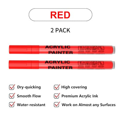 Acrylic Paint Pens Waterproof Markers 2 Red Permanent Marker Pens Acrylic Pens for Rock Painting Glass Stone Ceramic Metal Fabric Pebble Painting pens Craft Supplies - color: Red