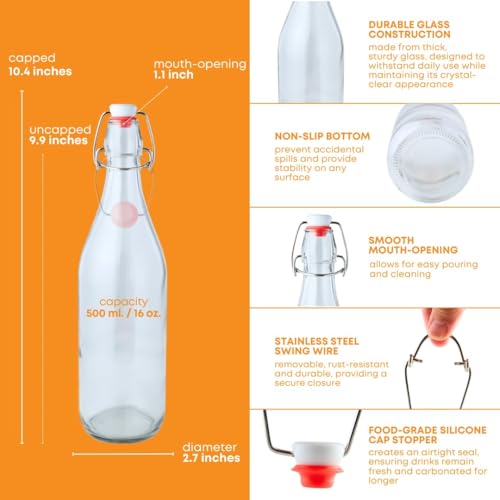 FastRack Swing Top Glass Bottles 16 oz (500ml) – 2 Pack | Clear Flip Top Bottles with Airtight Lids | Reusable Glass Containers for Olive Oil, Vinegar, Kombucha, Beer & Fermentation