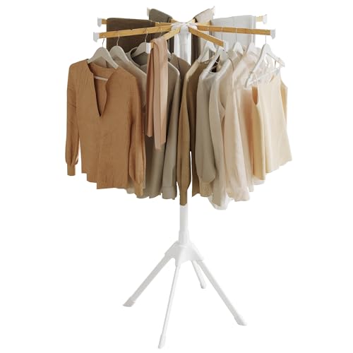 SONGMICS Clothes Drying Rack, with Bamboo Hanging Rods, Foldable Metal Laundry Rack, Space-Saving, Free-Standing Airer, Indoor Use, White and Natural ULLR516W01 - size: 1 Tier
