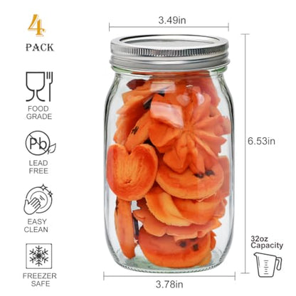 Wide Mouth Mason Jars Set, 32oz Clear Glass Jars 4-Pack for Storage, Overnight Oats, Snacks, Jam or Jelly,Canning,Fermenting,Pickling,DIY Projects…