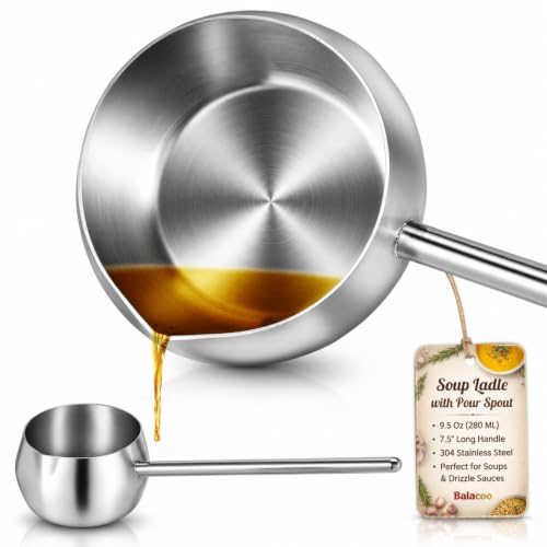 Balacoo Soup Ladle with Pour Spout, 7.5 Inch 304 Stainless Steel Long Handle Oil Ladle for Kitchen Cooking Serving Soups & Drizzle Sauces (Silver, 280ml/9.5 Oz)