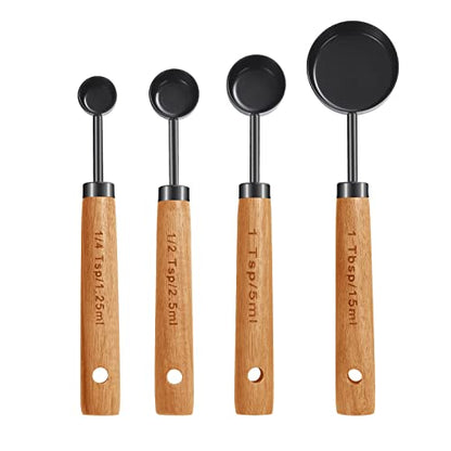 GuDoQi 8Pcs Measuring Cups and Spoons Set, Wooden Handle, Premium Stainless Steel with Metric & US Measurements, Nesting for Dry/Liquid Kitchen/Food/Baking, Black - color: Black