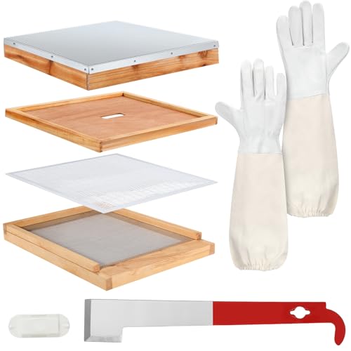 DoubleFill 8 Pcs Beehive Parts Kit for 10 Frame Bee Hive, Telescoping Top Cover Queen Excluder Inner Cover Screened Bottom Board Entrance Reducer Bee Escape Equipment J-Hook Scrape and Gloves(White) - color: White