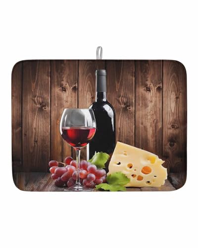 Wine Cheese Dish Drying Mat, Grapes Farmhouse Brown Wooden Plank Absorbent Dish Drying Matt Pad for Kitchen Countertops, Sinks, Dish Drainer Racks, Large 18x24in 1PC - size: 24" x 18"