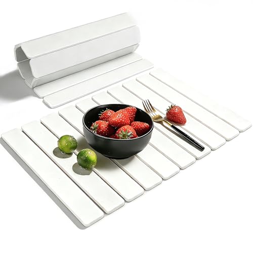 Large Stone Dish Drying Mat for Kitchen Counter, 24"(L)×16"(W), Collapsible Quick Dry Diatomaceous Earth Mat, Super Absorbent Drying Pad for Dishes Bottles Cups Utensils, Heat Resistant (White)