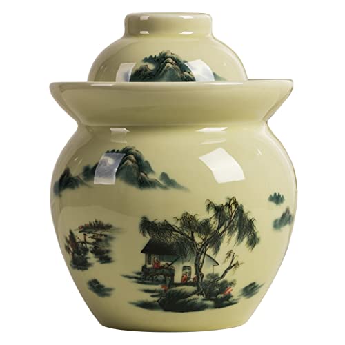 ZHOUXIAO Traditional Chinese Ceramic Fermentation Crock Jar Pickling Jar with Water Seal Airlock Lid,Large Thickened Ceramic Pickle Jar Kimchi Pot Storage Containers A-0.5KG