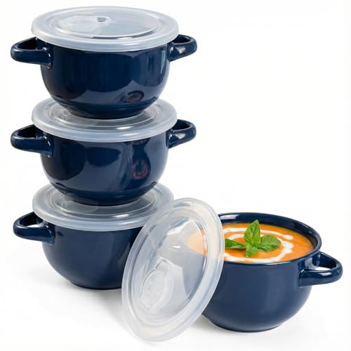 KooK French Onion Soup Bowls, Crocks, Oven Safe Bowls, Soup Mugs, Ceramic Bowls, Dishwasher, Microwave, Set of 4, 18 oz (Blue) - color: Blue