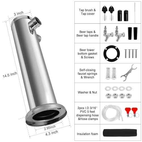 Kegerator Tower Double Tap Beer Tower Dual Faucet Beer Tower Stainless Steel 3'' Flange Beer Tower Dispenser Beer Tap Kegerator Parts with Pre-Assembled Tubing and Self-Closing Springs - size: Double Tap