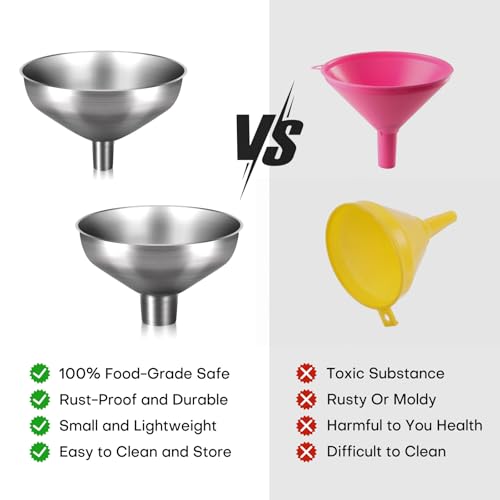 Stainless Steel Metal Funnel Set of 2, Kitchen Filling Funnel (0.5-inch Narrow Mouth) and (1-inch Wide Mouth), Practical Tools for Transferring Spices, Oils, Food and Beer