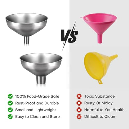 Stainless Steel Metal Funnel Set of 2, Kitchen Filling Funnel (0.5-inch Narrow Mouth) and (1-inch Wide Mouth), Practical Tools for Transferring Spices, Oils, Food and Beer