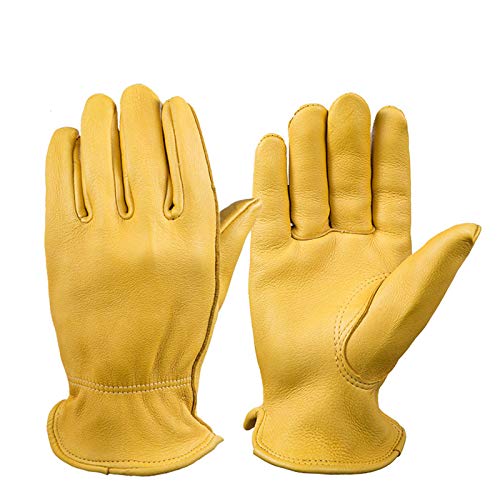 OZERO Leather Work Gloves: Mens Deerskin Gloves for Men & Women (Gold, S) | Soft Breathable Abrasion Resistant Gardening Firewood Glove - for Driving Riding Yardwork Ranch Farm Hunting Garage DIY - color: Gold, size: Small (Pack of 1)
