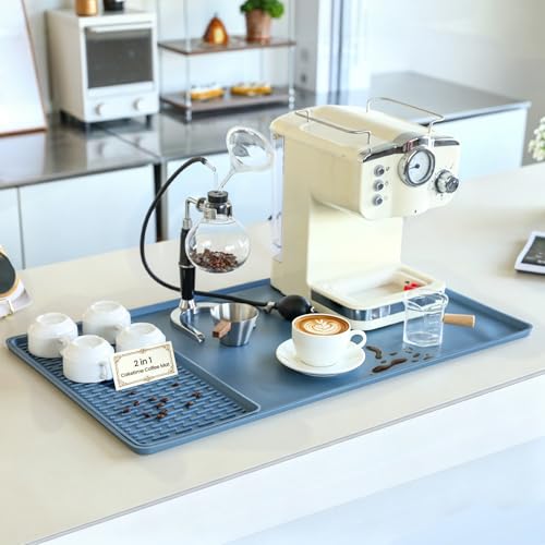 2 In 1 Extra Large 16"x28" Silicone Coffee Bar Mat Accessories for espresso Machine with Detachable Dish Drying Mat Rack Waterproof Kitchen Office House Home Essentials Barista Tools Women Gifts - color: Blue, size: 28" x 16"