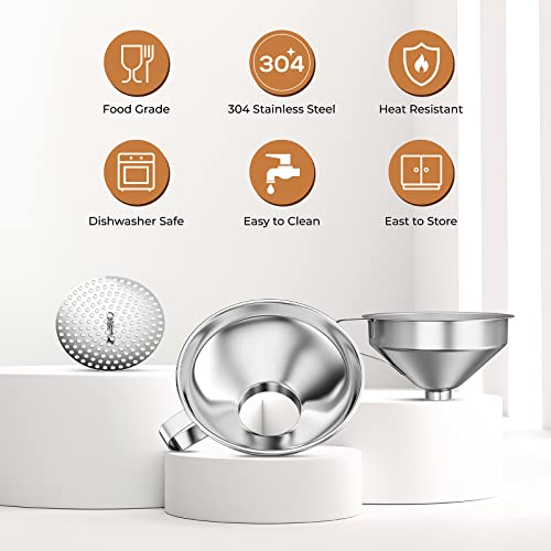 Pisol Canning Funnel for Wide Mouth and Regular Mason Jars, Stainless Steel Kitchen Use Funnels with Strainer for Filling Bottles, Metal Funnel Set for Oil Power Jam Grains Dry & Wet Ingredients