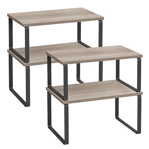 SONGMICS Cabinet Organizer Shelf, Set of 4 Kitchen Counter Shelves, Kitchen Storage, Spice Rack, Stackable, Expandable, Metal and Engineered Wood, Ink Black and Heather Greige UKCS021X02 - color: Ink Black + Heather Greige, size: 11.7"W