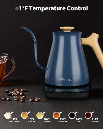 Harriet Gooseneck Electric Kettle - 1200W Fast Heat, 0.8L Stainless Steel, Precision Temp Control & Timer, Wood Handle, Pour Over Coffee and Tea, Blue - color: Blue