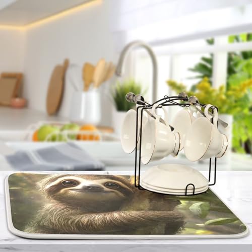 Cute Sloth on Tree Dish Drying Mat for Kitchen Counter Super Absorbent Draining Mat with Non-slip Backed Dishwashing Mat for Dish Cups Bowl Bottles Countertops Sinks Draining Racks