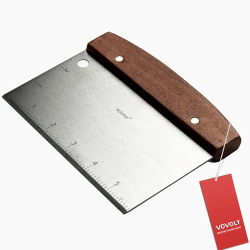 Vovoly Multipurpose Bench Scraper Kitchen Utensil for Flat Top Griddle, Dough Scraper Cutter for Bread and Pizza Cutter - Stainless Steel Metal Griddle Scraper Chopper - color: Dough Scraper_Wooden Grip