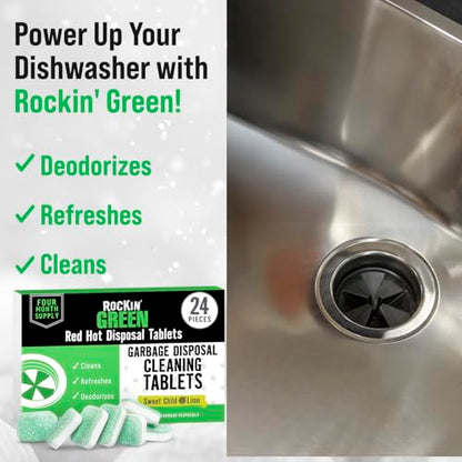 Rockin' Green Deep Cleaning and Deodorizing Tablets for Dishwashers, Washing Machines, and Garbage Disposals, Removes Odor and Residue (Garbage Disposal Cleaning Tablets, 24 Pack) - size: 1 Count (Pack of 24), style: Garbage Disposal Cleaning Tablets