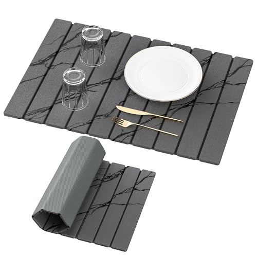 Yofidra Large Stone Dish Drying Mat for Kitchen Counter, Quick Dry Stone Mats with Absorbent Diatomaceous Earth, Foldable Roll Up Drying Organizer Pad for Utensils Plate, 24"×16", Dark Gray Marble - color: Dark Gray Marble