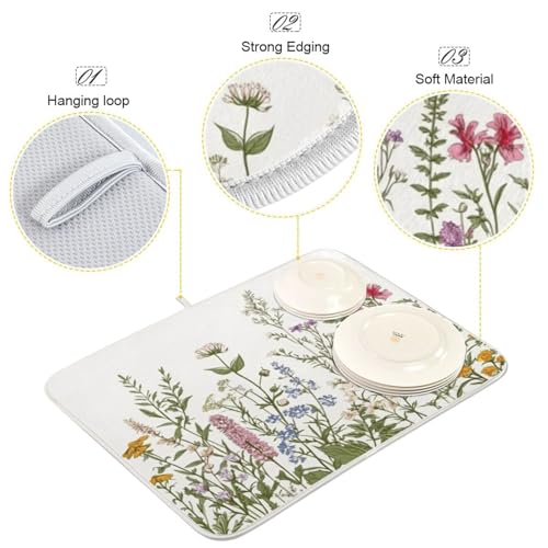 Kcldeci Flower Border Herbs Wild Flowers Plant Dish Drying Mat Kitchen Drying Pad Dish Draining Mat Dish Rack Drainer Pad 18 x 24 - color: Herbs, size: 18x24in