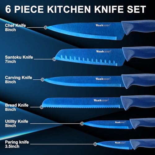 Wanbasion Blue Stainless Steel Knife Set, Sharp Kitchen Knife Set Professional, Kitchen Knife Set Dishwasher Safe with Covers for Cooking - color: Blue