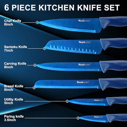 Wanbasion Blue Professional Kitchen Knife Chef Set, Stainless Steel, Dishwasher Safe with Sheathes - color: Blue
