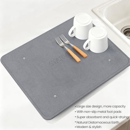 Large Stone Dish Drying Mats for Kitchen Counter,20"(L)×16"(W) Diatomaceous Earth Stone Mat With 4pc silver metal feet,Super Absorbent Fast Drying,Non-Slip Multi-purpose Kitchen Mat