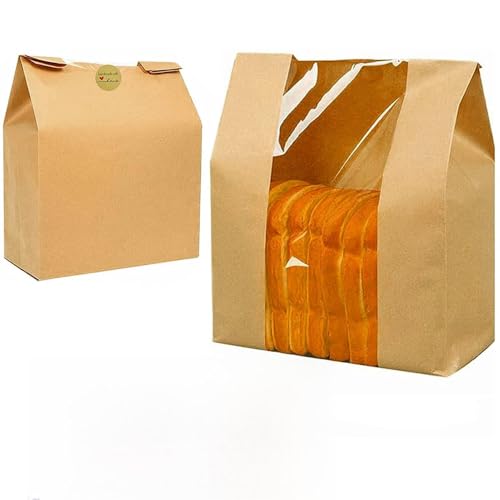 50 Pack Large Sourdough Bread Bags for Homemade Bread & 100 Stickers | 14" X 8.3" X 3.5" Kraft Bags with Clear Window Bread Bags for Homemade Bread, Bakery Display, Cookies, Popcorn and Gifts - color: 50 Pack Yellow