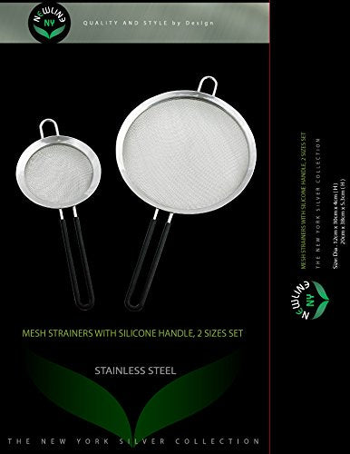 Premium Double Stainless Steel Fine Mesh Strainers with Soft-touch Anti-slip Silicone-coated Handle 2 pcs Set