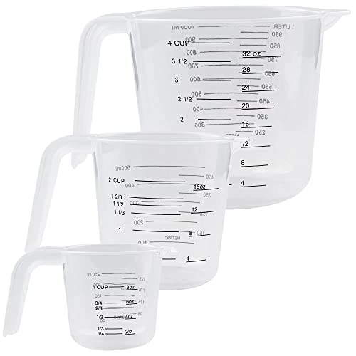 Plastic Measuring Cup,3 Pack 4/2/1 Cup Clear Measuring Cups,Stackable Heat-resistant Cup Set with Handle Grip and Spout for Baking,Powder,Liquid