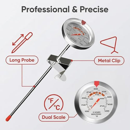 Candy & Deep Fry Thermometer with 2" Large Dial & 9" Probe – Dual Scale (100-500°F), Stainless Steel, Pot Clip, for Candy Making, Frying, Chocolate, Jam, BBQ - size: Candy DeepFry Thermometer-9''