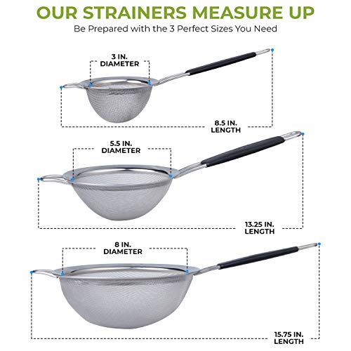 LiveFresh Food Strainer Set - Premium Fine Stainless Steel Fine Mesh Set of Strainers, Colanders and Sifters Crafted for Quinoa and More with Comfortable Non Slip Handles - Set of 3