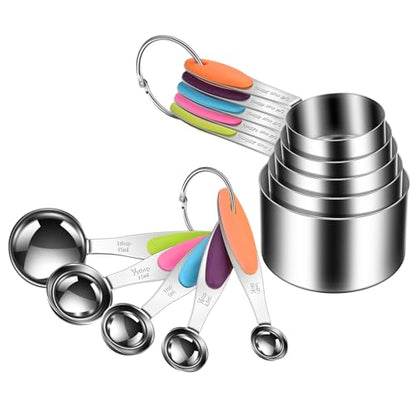 10-Piece Measuring Cups and Spoons Set, 304 Stainless Steel with Color-Coded Handles, Engraved Markings Never Fade, Plastic Free, Dishwasher Safe, Includes 1/8 Cup & 1/4 Tsp
