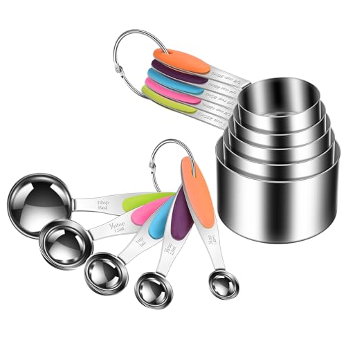 10-Piece Measuring Cups and Spoons Set, 304 Stainless Steel with Color-Coded Handles, Engraved Markings Never Fade, Plastic Free, Dishwasher Safe, Includes 1/8 Cup & 1/4 Tsp