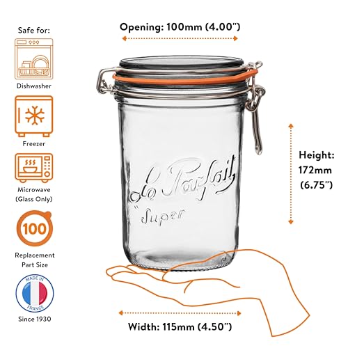 Le Parfait Super Terrine 1L (32oz) Zero Waste Eco-Friendly Glass Canning Jar, Airtight Rubber Seal & Wire Bail Lid, BPA-Free, Water Bath Safe for Food Storage & Preserving, Made in France - color: 1L (Single)