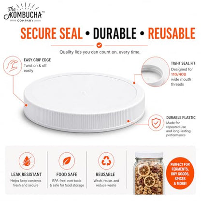 110mm (4.33") Fit - 3-Pack White Plastic Lids for Most 1 Gallon Wide Mouth Jars – PE Foam Liner, Food-Grade, Leak-Resistant Caps (Jars Not Included) - color: White