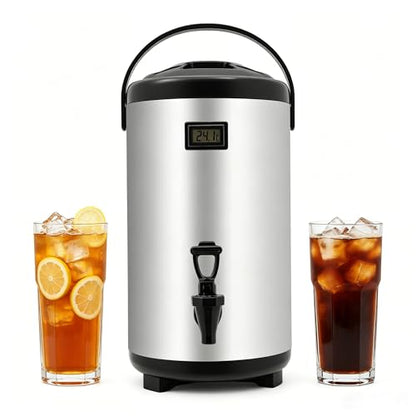 Stainless Steel Insulated Beverage Dispenser, 2.5Gal Thermal Carafe with Spigot for Hot Coffee & Cold Juice, 12-Hour Heat Retention Drink Dispenser for Party Wedding Cafe, Silver - size: 2.51Gal