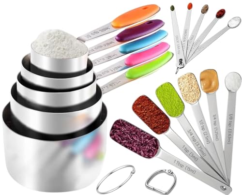 16 PCS Measuring Cups & Spoons Set, Stainless Steel 5 Measuring Cups with Colored Silicone Handle, 6 Rectangular Measuring Spoons & 5 Mini Spoons, Ideal for Dry and Liquid Ingredients - size: Set of 16