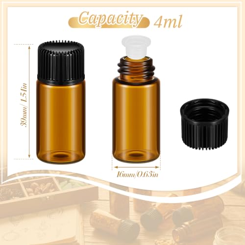 Lallisa 100 Pcs 4 ml Amber Glass Vials with Black Screw Caps, and Plastic Stoppers, 1 Dram Small Leakproof Bottles Bulk, Mini Liquid Sample Vials for Essential Oils, Sample, DIY Craft - color: Amber with Black Cap, size: 4 ml