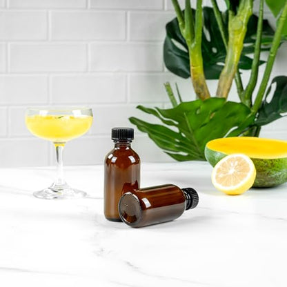Restaurantware Vetri 2 Ounce Boston Glass Bottles, 48 Sample Bottles With Black Phenolic Caps - Dishwashable, Round, Amber Glass Bottle, For Potion, Juice, Ginger Shots, Whiskey, Liquids - color: Amber, size: 2 oz