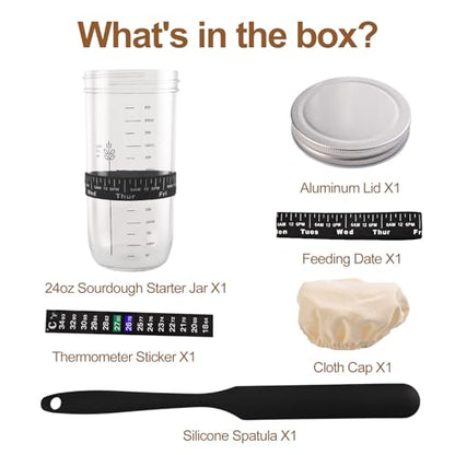 24 oz Wide Mouth Sourdough Starter Jar Kit, Glass Fermentation Container with Date Marker, Thermometer, Silicone Scraper & Lids, Airtight Glass Storage Canister for Homemade Bread Baking, Complete Sourdough Baking Supplies